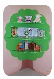 there is a green tree shelf with toys on it and bookshelves in the corner