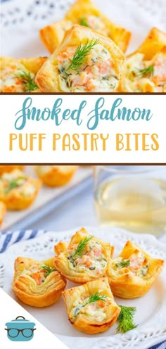 smoked salmon puff pastry bites on a white plate