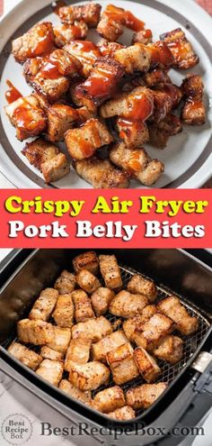 crispy air fryer pork belly bites on a plate with text overlay that reads crispy air fryer pork belly bites