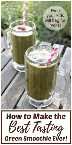 two glasses filled with green smoothie on top of a wooden table