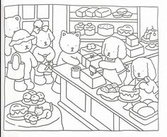 a black and white line drawing of people in a kitchen with food on the counter