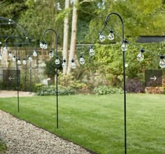 some lights are hanging on poles in the grass near a path and trees with green grass