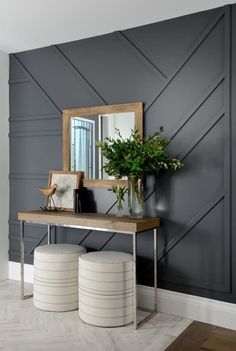 a table with two stools and a mirror on it in front of a wall