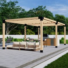 an outdoor living area with seating and pergolated gazebo in the foreground