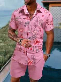 Pink Boho Collar Short Sleeve  Tropical  Embellished Non-Stretch  Men Clothing Luau Dress, Travel Fits, Tropical Print Shirt, Birthday Goals, Mens Fasion, Caribbean Carnival, Party Attire, Polyester Jacket, Island Vibes