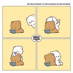 the comic strip shows two bears hugging each other and one bear is reading a book