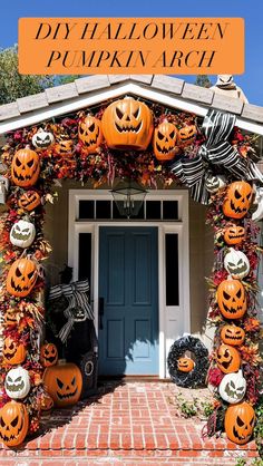 a house decorated for halloween with pumpkins and jack - o'- lantern decorations