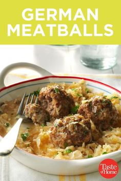 german meatballs with pasta in a white bowl