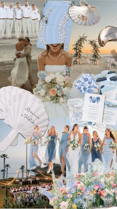 a collage of wedding pictures with blue and white colors