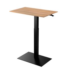 a square wooden table with black metal base and an oak top, viewed from the front