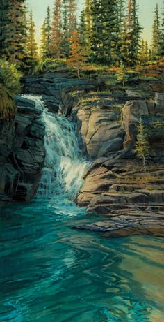 an oil painting of a waterfall in the woods