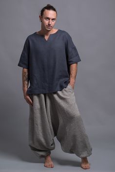 Harem Pants NOAH | Shantima Mens Linen Clothing, Linen Menswear, Viking Clothes, Mens Linen Outfits, Medieval Shirt, Striped Harem Pants, Long Linen Skirt, Loose Clothes, Mens Linen Pants