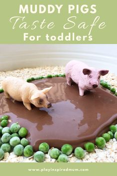 two small pigs on top of a chocolate cake with green sprinkles and the words muddy pigs taste safe for toddlers