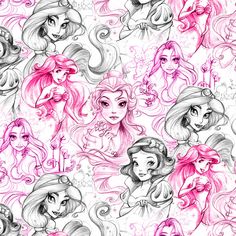 disney princesses with pink hair and hats on white background, drawn by hand in pencil