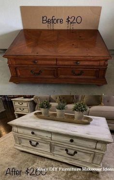 before and after photos of an old dresser turned into a coffee table with storage underneath