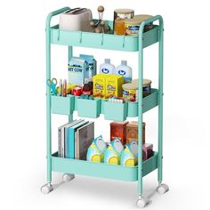 a three tiered cart with various items on it