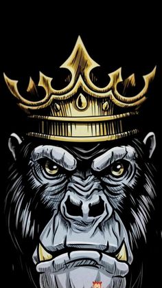 a gorilla with a crown on top of it's head in front of a black background