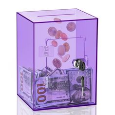 a purple box filled with lots of money