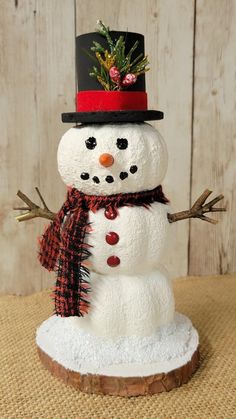 a snowman with a top hat and scarf on it's head is sitting on a piece of wood