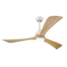 a white ceiling fan with wooden blades and light on the blade is shown in an angled view