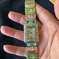 Pretty Pastel Rhinestone Watch By Geneva. Pink Blue And Green Colors Stainless Band Does Show Wear Photographed Watch Still Wearable Not Noticeable. Brand New Battery Watch Completely Operational. Watch Fits Snug On A Standard 7 Inch Wrist. Vintage Pendant Watch, Betsey Johnson Watches 36 Mm Only, Pastel Jewelry, Colorful Watches, Rhinestone Watches, Punk Vintage, Pretty Pastel, Italian Charm Bracelet, Geneva