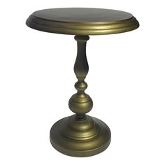 a gold pedestal with a black top on a white background for use as a side table