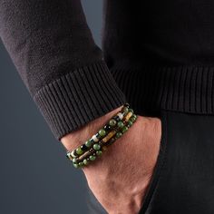 Surprise him this Christmas with our Certified Genuine Jade and Hematite Men's Bracelet Set, a sophisticated and meaningful addition to his collection. More than just accessories, these bracelets represent thoughtfulness and style. Our Men's Jewelry Set is versatile for a variety of occasions, from festive gatherings to casual wear, adding sophistication and charm to your ensemble. 💎All stones are unique and may differ slightly from those shown in the pictures.No bracelets are the same so the one you order will be unique.  ◖PRODUCT FEATURES ◗ →All our items are made to order, all the bracelets are custom-made. →Gemstones : Jade, Hematite, Agate, Onyx, Jasper, Tigers Eye →You can choose the product size in inches that fit your wrist. →Product width is 6mm →The product is unisex. Our Produc Mens Jewelry Jade, Green Beaded Bracelets For Men, Hand-strung Green Beaded Bracelets, Mens Bracelet Set, Men Stone Bracelet, Mens Bracelet Designs, Verde Jade, Green Beaded Bracelets, Green Bracelet