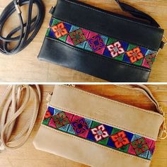 two pictures of the same purse with different colors and patterns on it, one has a strap