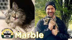 a man holding a cat in front of a car and another photo with the caption mardle