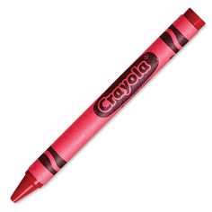 the crayon pencil is pink and has black writing on its end, while it's red in color