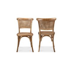 a pair of wooden chairs with wicker back and seat, side by side on a white background