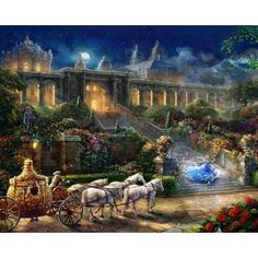 a painting of a horse drawn carriage in front of a castle with flowers on it