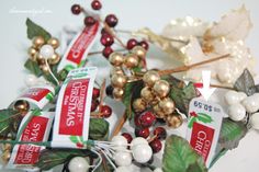 some christmas decorations are laying out on the table