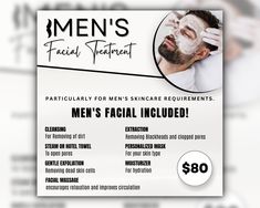 a flyer for men's facial treatments with a man shaving his face and the words men's facial treatment on it