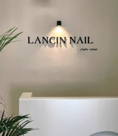 the sign for lancin nail is on the wall next to a potted plant