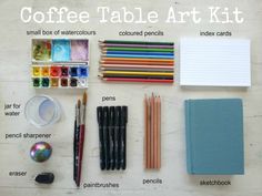 the contents of a coffee table art kit