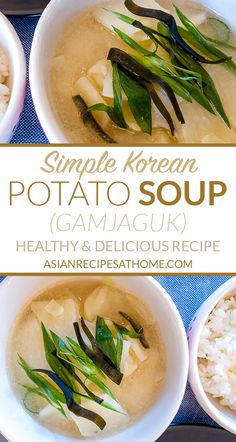 four bowls filled with soup on top of a blue table cloth, and the words simple korean potato soup gamjauk