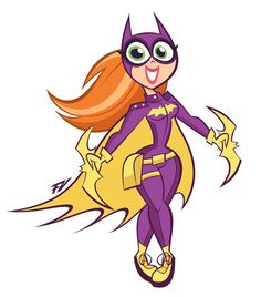 a cartoon girl dressed as a batgirl flying through the air