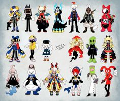 a bunch of cartoon characters that are all dressed up