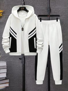 2pcs/Set Girls Casual Color Block Hooded Sweatshirt And Contrast Color Sports Jogger Pants Set, Spring Autumn White     Geometric  Slight Stretch Spring/Fall Tween Girls Clothing, size features are:Bust: ,Length: ,Sleeve Length: White Sporty Tracksuit For Gym, Sporty White Tracksuit For Gym, White Athleisure Tracksuit For Gym, Sporty White Tracksuit For Sports, White Sporty Tracksuit For Sports, White Athleisure Tracksuit For Sports, White Long Sleeve Activewear For Jogging, White Winter Gym Tracksuit, White Athleisure Tracksuit For Sports Season