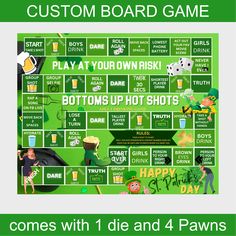 a poster with words and pictures on it that says, custom board game play your own risky bottoms up hot shots