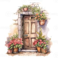 a watercolor painting of a door with potted flowers