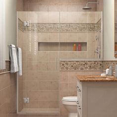 a bathroom with a shower, toilet and sink in it's center area is shown