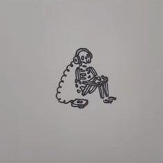 a drawing of a skeleton with headphones on