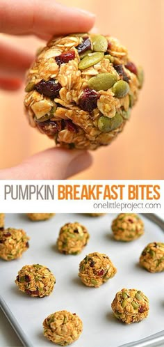 pumpkin breakfast bites on a baking sheet and in the process of being scooped from a cookie tin