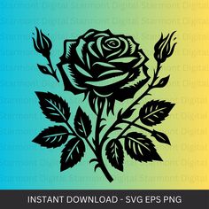 a black rose with green leaves on a blue and yellow background, in the shape of a