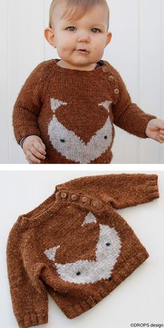 a baby wearing a brown knitted sweater with an animal face on the front and bottom