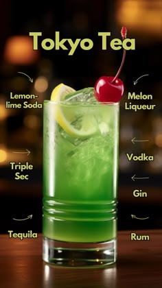 a green drink with a cherry on the top and other ingredients labeled in english words