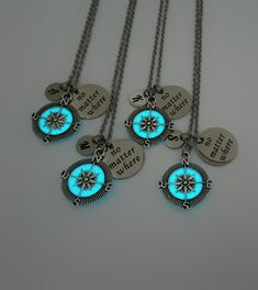 "1 set - 4 necklaces No Matter Where, Glow in the Dark, compass necklace, friendship necklace, best friend jewelry, best friends, best friend gifts, personalized gifts, christmas gifts, bridesmaid gift, bridal shower gift, Christmas stocking, best friend gift Together with the glowing necklaces you can order a UV-torch keychain. It works great with glow in the dark items and charges it fast www.etsy.com/uk/listing/627168781 These pendants have been made of stainless steel initials, stainless ste Friendship Necklaces For 4, Teachers Necklace, 4 Best Friends, World Map Necklace, Glowing Necklace, Karma Necklace, Star Necklace Silver, Friend Jewelry, Bff Necklaces