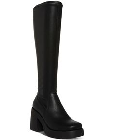 in stock Tall Black Boots Platform, Chic Fitted Synthetic Platform Boots, Sleek Fitted Black Platform Boots, Sleek Black Fitted Platform Boots, Trendy Black Knee-high Boots For Spring, Black Tall Platform Boots For Work, Sleek Black Platform Boots For Fall, Formal Black Tall Platform Boots, Chic Black Platform Boots